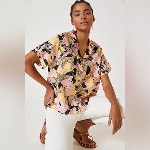 Maeve/Anthro Printed Buttondown Surf Shirt - Linen - Black/Pink/Yellow